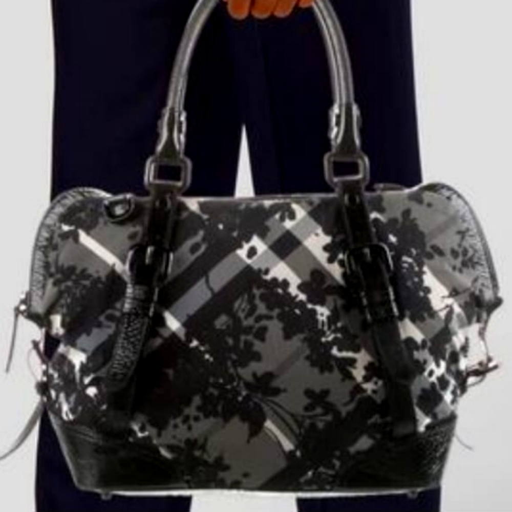Burberry Foley White/Black/Gray Floral Beat Medium Check Satchel